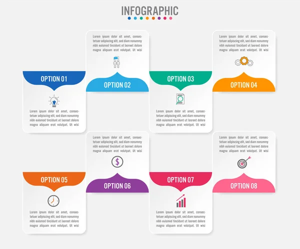 Modello di etichette infografiche aziendali con 8 opzioni . — Vettoriale Stock