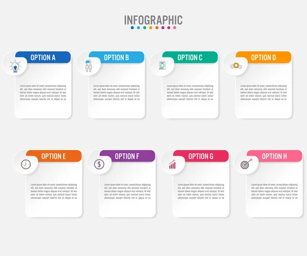 Modèle d'étiquettes infographiques d'entreprise avec 8 options . — Image vectorielle