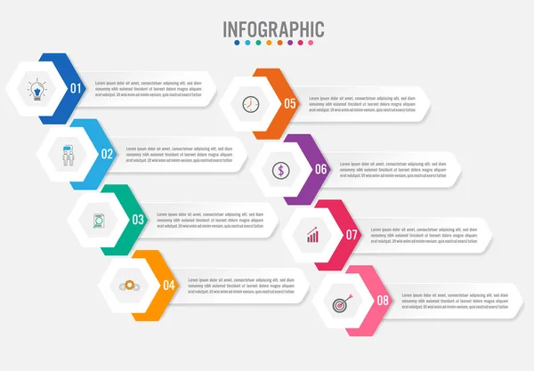 Business infografik etiketter mall med 8 alternativ. — Stock vektor