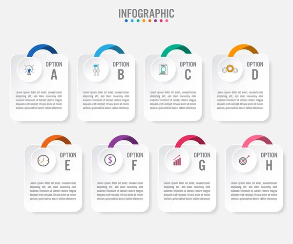 8 विकल्पों के साथ बिजनेस इन्फोग्राफिक लेबल टेम्पलेट . — स्टॉक वेक्टर