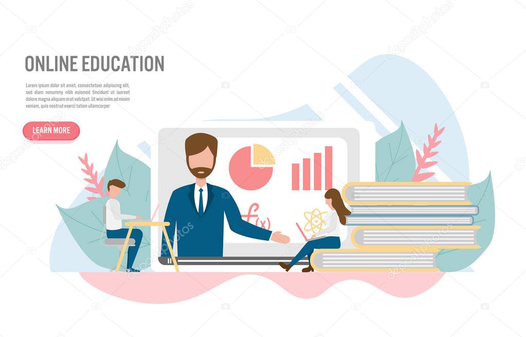Online education and e-learning concept with character