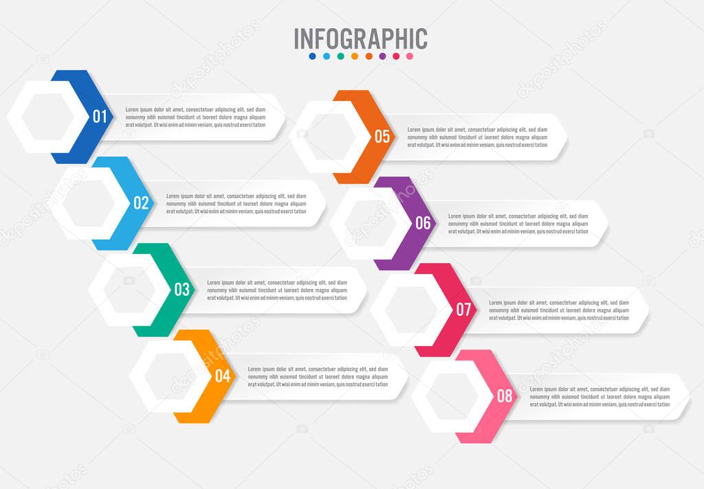 Business infographic labels template with 8 options.