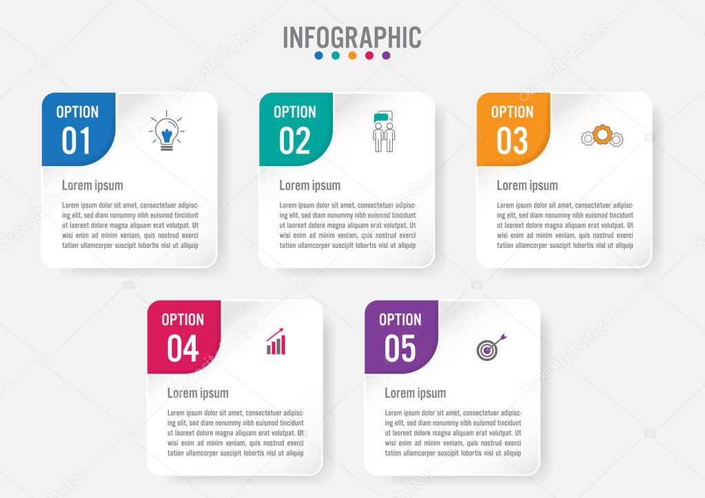 Business infographic labels template with 5 options.