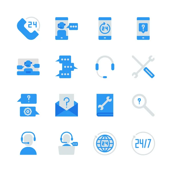 Centro de llamadas y soporte en conjunto de iconos planos.Ilustración vectorial — Vector de stock