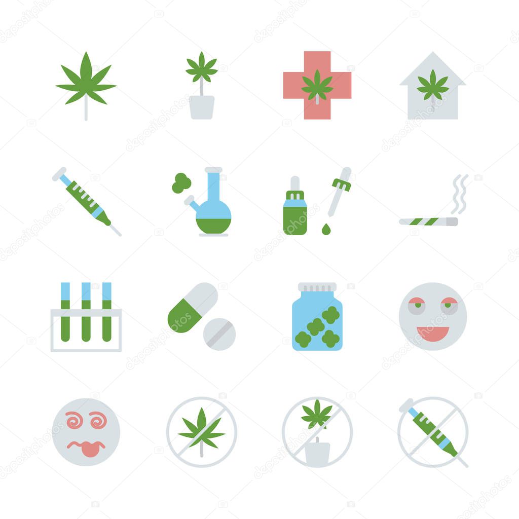 Cannabis in flat icon set design.Vector illustration