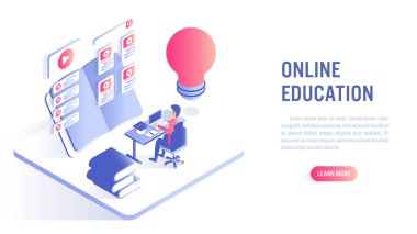 Online Eğitim Konsepti. İnternet kursunda öğrenci karakter çalışması. Isometric düz vektör tasarımı