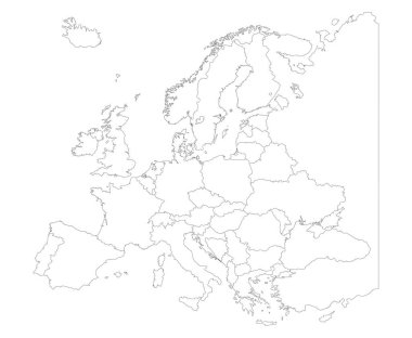 Avrupa Haritası ülke sınırları ile üzerine beyaz izole