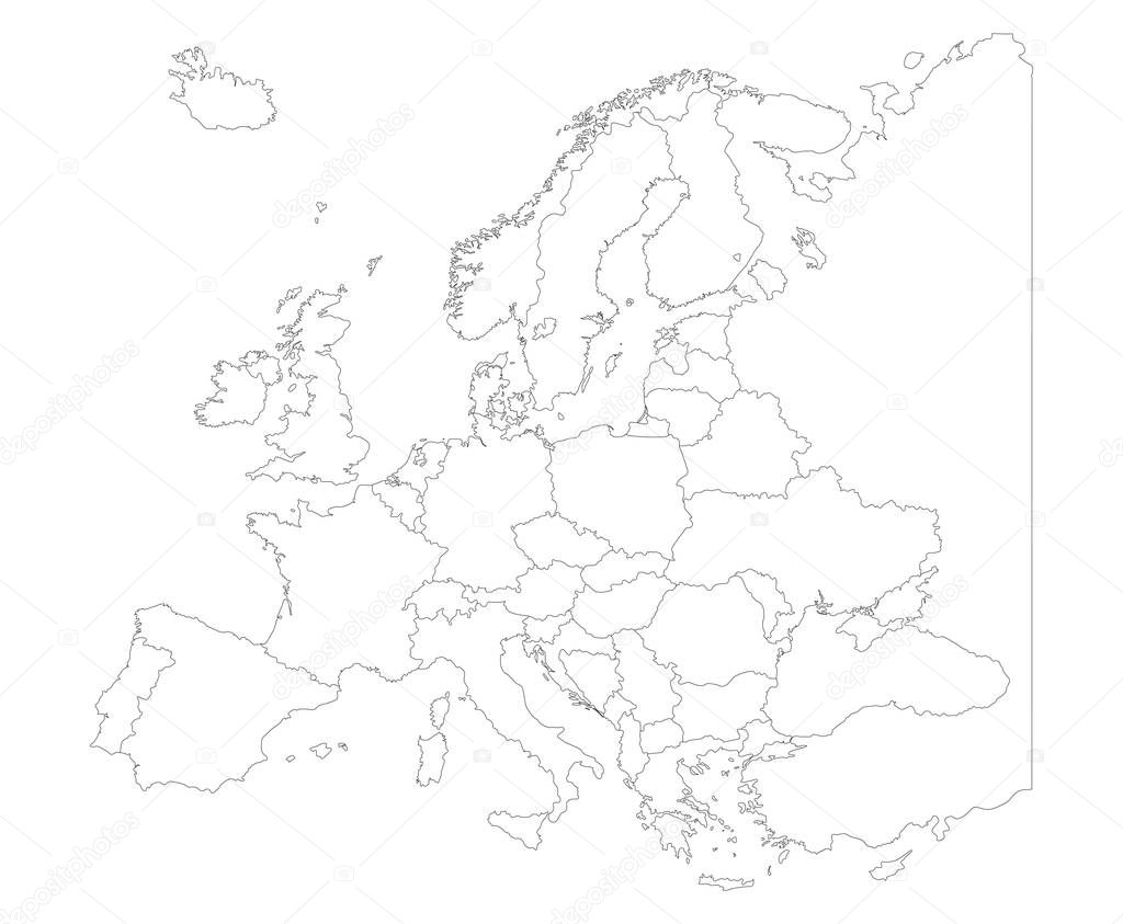 Map of Europe with country borders isolate on white
