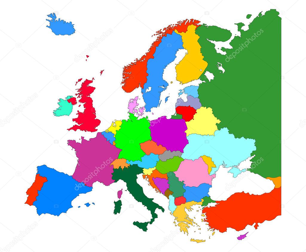 Map of Europe  with country borders isolate on white background