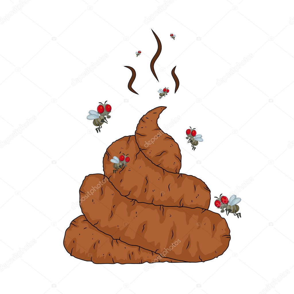Cartoon poop, shit and flys  isolated on white background