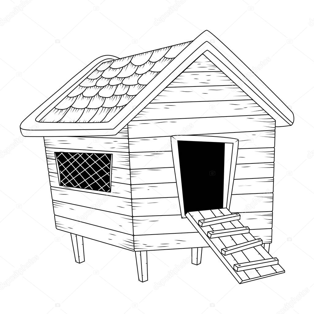Cartoon chicken coop outline isolated on white background