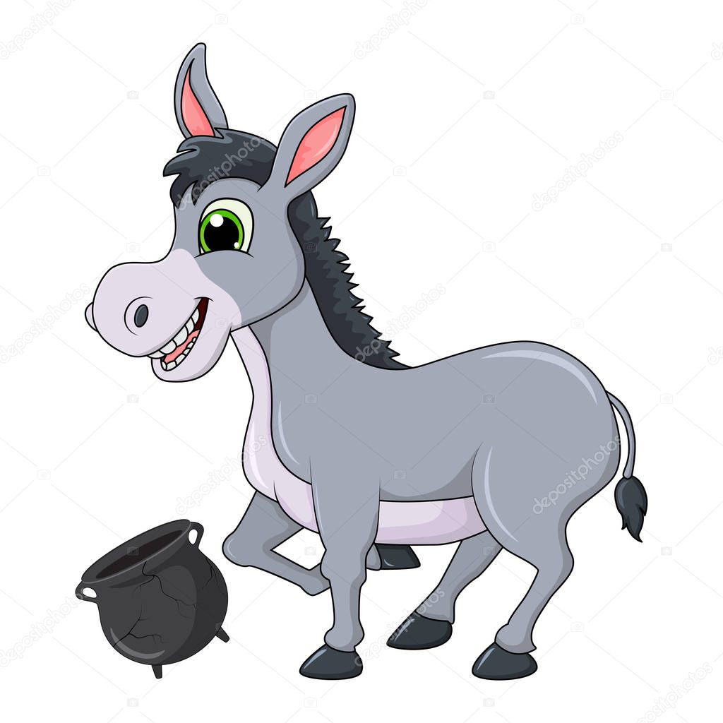 Donkey cartoon character with broken pot vector design isolated on white background