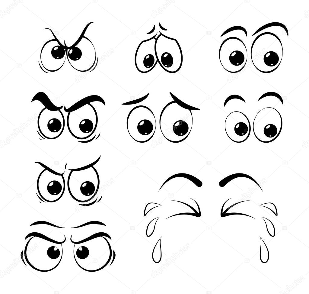 Cartoon eyes set - sad, angry, cry  isolated on white background