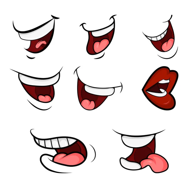 Cartoon Mouth Set Tongue Smile Teeth Expressive Emotions Simple Flat — Stock Vector