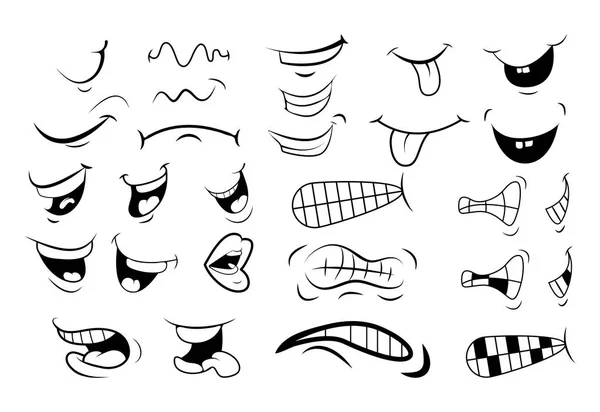 Obrysem Kreslená Ústa Jazyk Úsměv Zuby Expresivní Emoce Jednoduchý Plochý — Stockový vektor