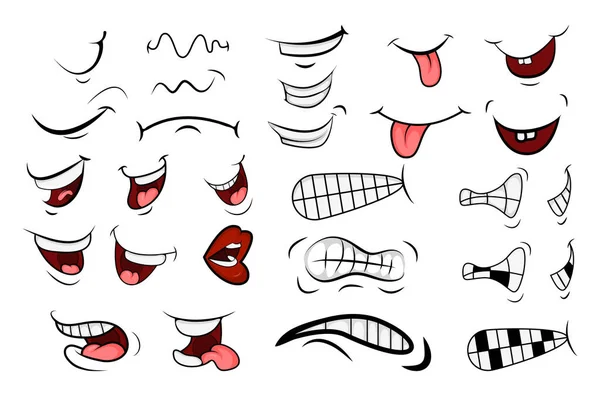 Cartoon Mouth Set Lengua Sonrisa Dientes Emociones Expresivas Diseño Plano — Vector de stock