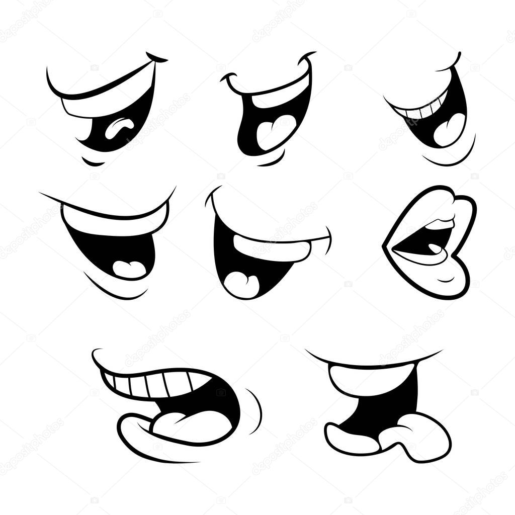 Outline Cartoon Mouth Set . Tongue, Smile, Teeth. Expressive Emotions. Simple flat design isolated on white background