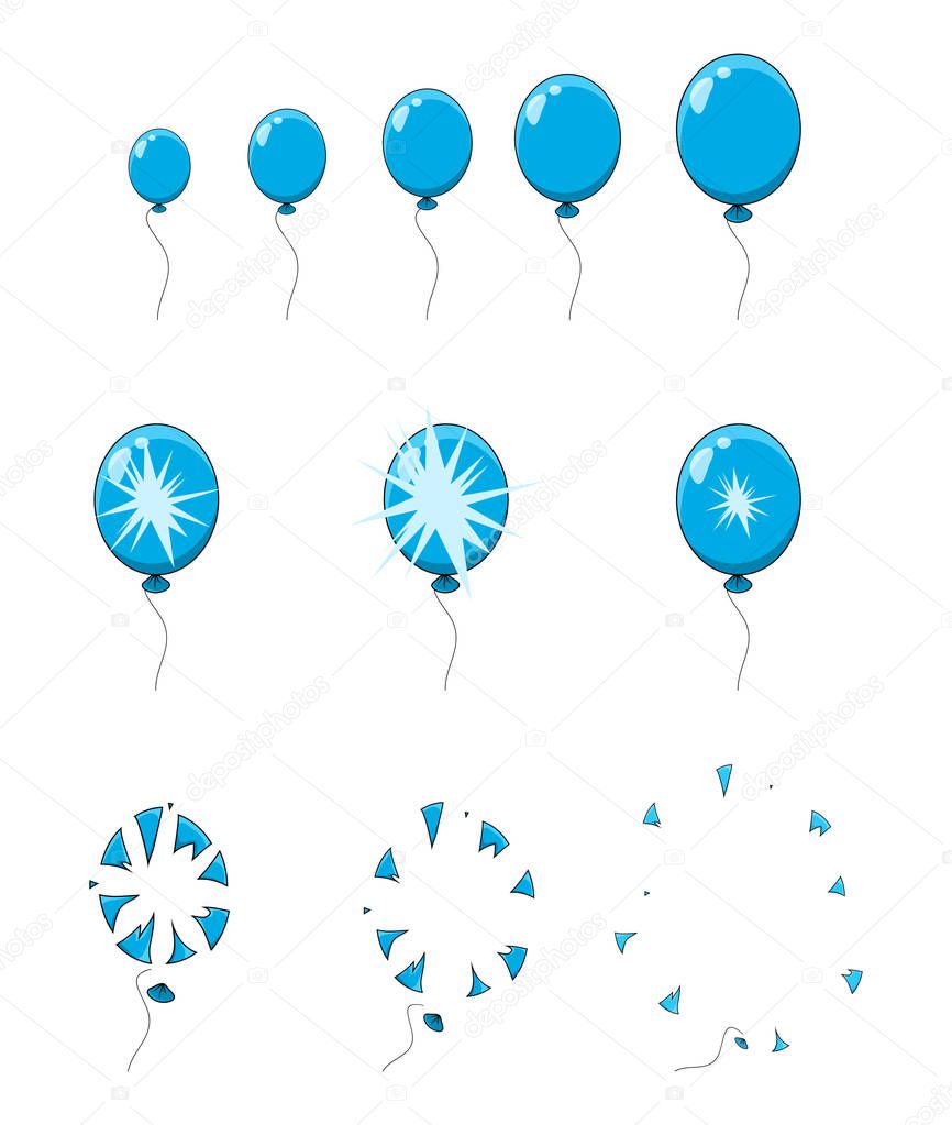 Balloon pop, explosion, burst animation step, frames isolated on white