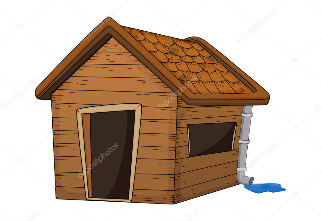 House with gutter roof with rain puddle cartoon illustration isolated on white background