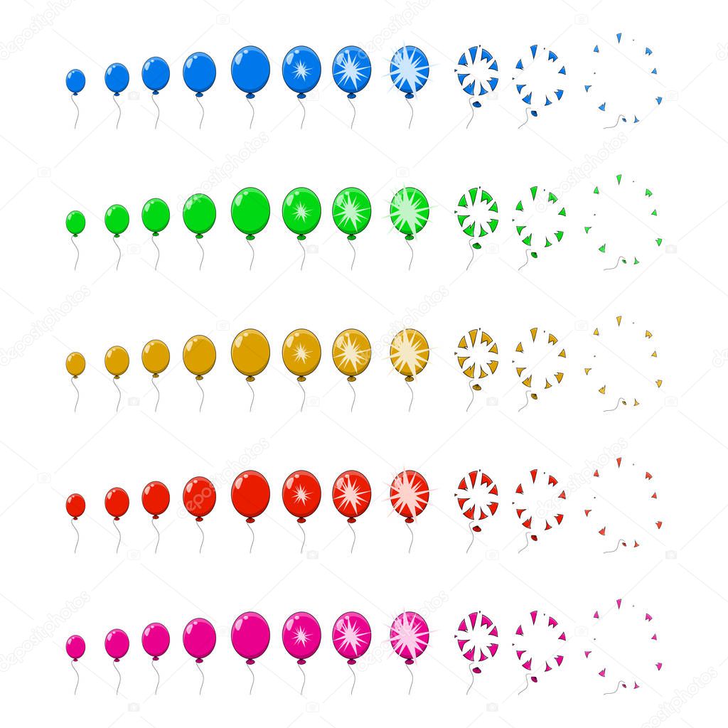 Balloon pop, explosion, burst animation step, frames isolated on white