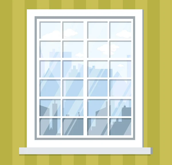 Janela de vidro grande com vista arranha-céu, interior de escritório com olhar — Vetor de Stock