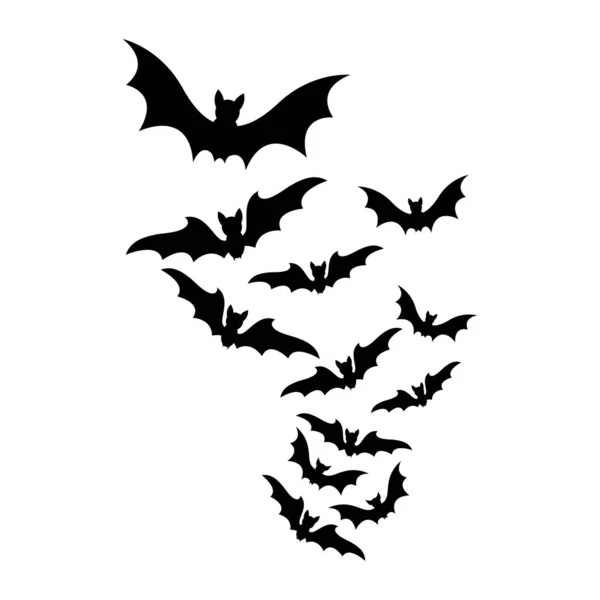 Pipistrelli volanti Halloween sciame silhouette isolato su backgro bianco — Vettoriale Stock