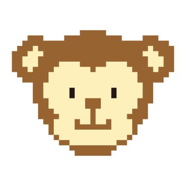 Pixel sanat maymun kafası. Oyunlar ve web siteleri için şirin bir maymun. Retro video / pc oyun karakteri. Vektör 8 bit oyun karakteri beyaz arkaplanda izole edildi. 