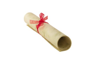 Kağıt parşömen beyaz üzerine yay ile izole edilmiş. Sertifika belgesi ya da ödül belgesi. Mezuniyet, başarı parşömeni ve kurdele. Vintage paketlenmiş yakın çekim fotoğrafçılık. Eski moda papirüs..