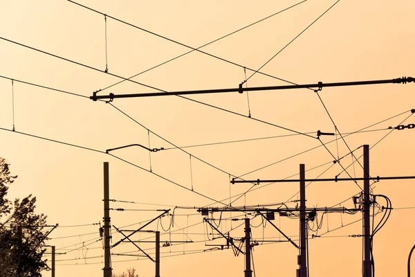 Cables Tranvía Atardecer Foto Tracción Aérea Del Tranvía Electricidad Fotografía — Foto de Stock