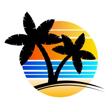 Gün batımında palmiye ağacı ya da beyaz şeritli gündoğumu cennet posteri. Hawaii moda illüstrasyonunun tadını çıkarın. Reklam broşürleri için minimalist grafik avuç içi. Tatil merkezi şablonu.
