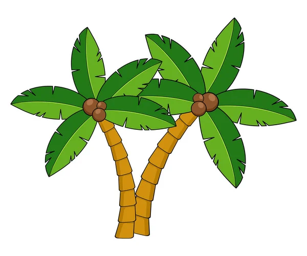 ヤシの木の漫画のイラスト 白で隔離された2つの湾曲したココヤシ 夏のリーフレットや広告のためのデザイン要素 エキゾチックなヤシのイラスト 楽園植物シンボル Clipart — ストックベクタ