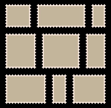 Posta pulu çerçevesi ya da kenarlık telif uzayı ile ayarlandı. Boş, bej rengi posta damgası koleksiyonu. Kenarı delinmiş eski harf etiketi. Boş zarf veya kartpostal etiketi şablonunun Clipart resimlemesi.