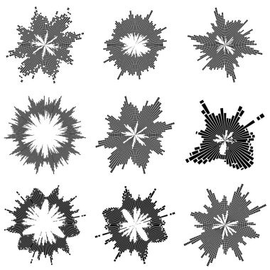 Radyal müzik çubukları koleksiyonu. Yuvarlak müzikal dalga. Soyut ses dalgalanması ayarlandı. Dairesel ses efekti. Ses titreşiminin ya da ses dalgalarının görüntüsü. Radyo eşitleyici yükseltici simge tasarımı.