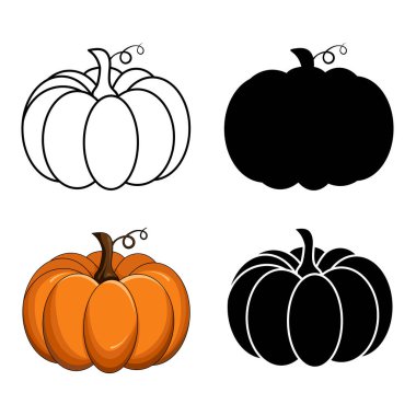 Pumpkin vector set isolated on white. Autumnal silhouette, outline and orange cartoon collection. Halloween or thanksgiving illustration. Symbolic and seasonal shape for party invitation.  clipart