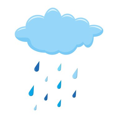 Bulut ve yağmur beyaz resimlere izole edilmiş. Düşen damlanın sonbahar karikatürü. Beyaz arka planda yağmur damlaları ve kümülüs. Hava tahmini grafik elementlerine tırman. Yağmurlu sonbaharda mavi su damlaları