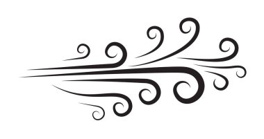 Rüzgar simgesi. Üfle, patlat. Elle çekilen hava boşluğu beyazda izole edildi. Spiral süs hattı. Akış tozunun eğri sembolü. Hareket gücünün çizgi film elemanı. Dekoratif sinek girdabı çizimi.