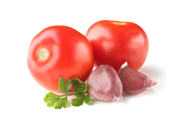 Frische Tomaten Knoblauch Und Petersilie Isoliert Auf Weißem Hintergrund — Stockfoto