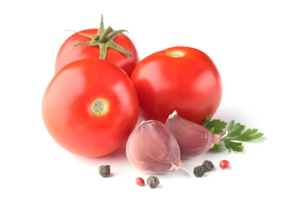 Frische Tomaten Gewürze Und Petersilie Isoliert Auf Weißem Hintergrund — Stockfoto