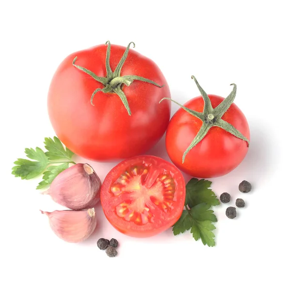 Frische Tomaten Gewürze Und Petersilie Isoliert Auf Weißem Hintergrund — Stockfoto