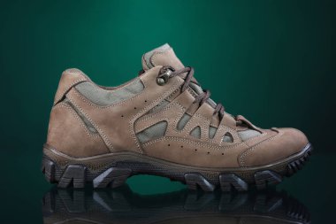 Yeşil degrade arka plan üzerinde kahverengi spor ayakkabı