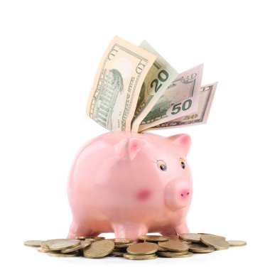 Kumbara ve beyaz arka plan üzerinde izole dolar