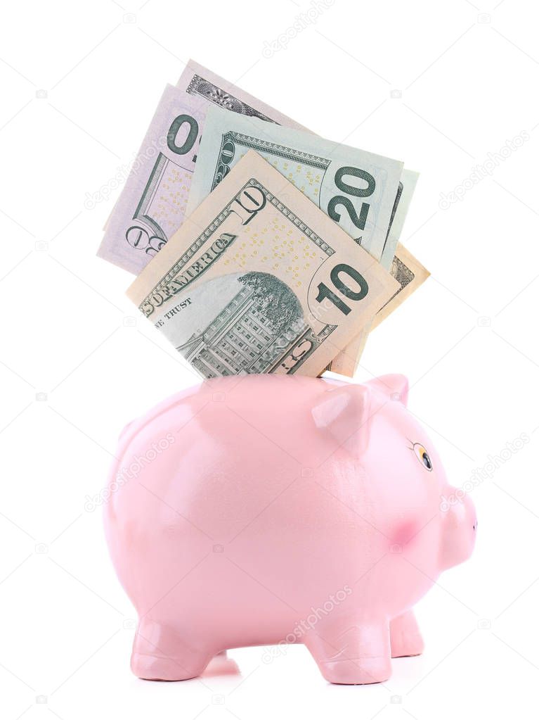 Piggy bank and dollars isolated on white background