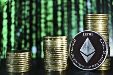 Etherium paralar soyut matris yeşil zemin üzerine