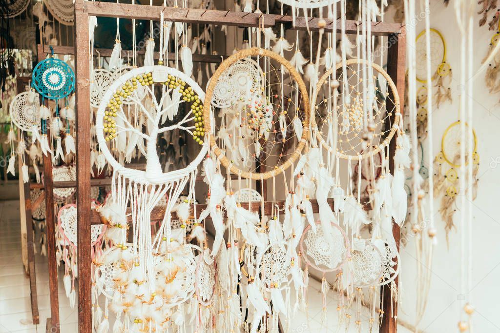 Dream catchers in the shop, close up of dream catchers