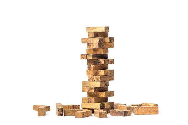 Jenga oyunu, tahta bloklarla üst görünümden Jenga Kulesi. Konsept: iş, mühendislik, inşaat, planlama.