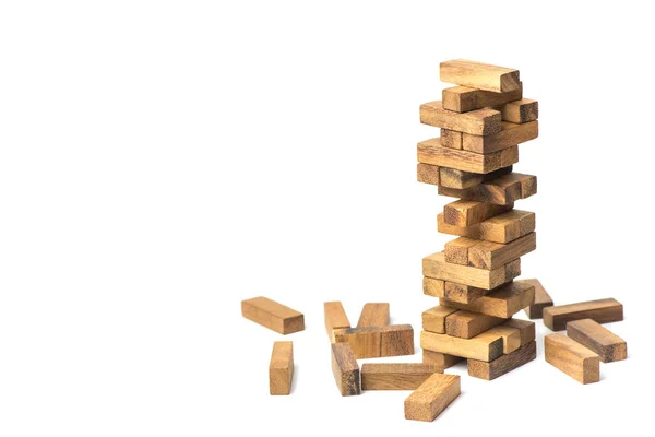 Jenga oyunu, tahta bloklarla üst görünümden Jenga Kulesi. Konsept: iş, mühendislik, inşaat, planlama.