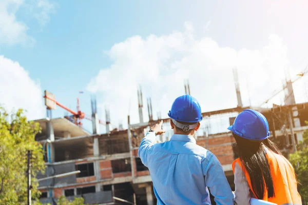 Aziatisch Mens Burgerlijk Ingenieur Vrouw Architect Dragen Van Blauwe Veiligheid — Stockfoto