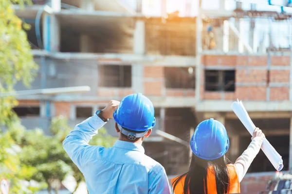 Aziatisch Mens Burgerlijk Ingenieur Vrouw Architect Dragen Van Blauwe Veiligheid — Stockfoto