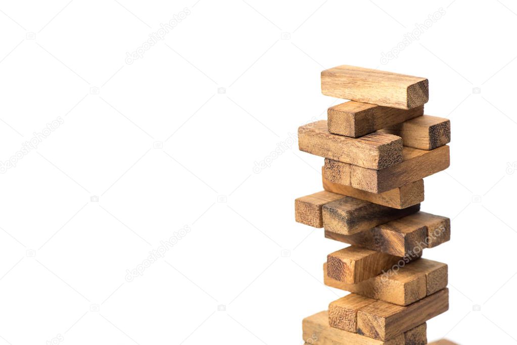 Jenga game, The tower from wooden blocks from the top view, Jenga. Concept : Business, contruction, engineering, planning.