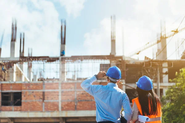 Asian Man Civil Engineer Woman Architect Wearing Blue Safety Helmet — Stock Photo, Image